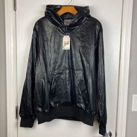 Vintage Y2K Brooklyn Xpress Black Faux Leather Hoodie Reptile Snakeskin Print, M - Picture 1 of 10